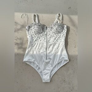 Embellished White Eras Diamond Bodysuit